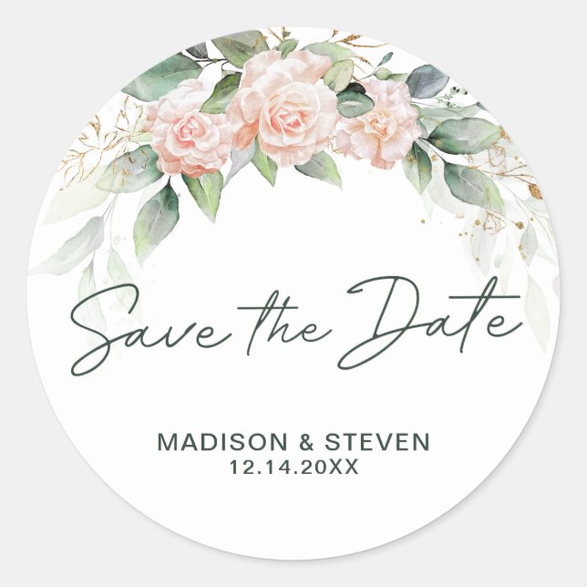 Sticker Rond Élégant Mariage rose vert floral Eucalyptus (Devant)