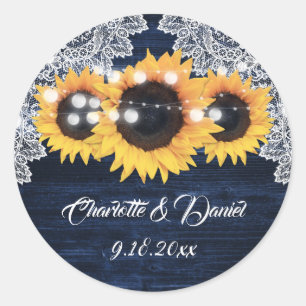 Sticker Rond Élégant Mariage Tournesol Bois Dentelle Bleu Marin