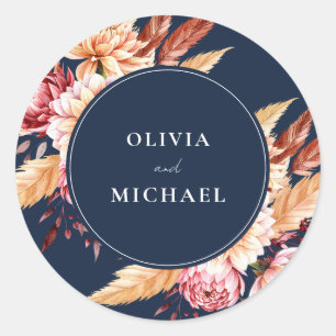 Sticker Rond Elégant Marine Bleu Boho Chic Floral Mariage