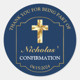 Sticker Rond Elégant Marine Blue Gold Boys Confirmation Merci