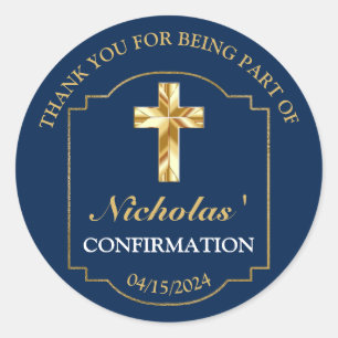 Sticker Rond Elégant Marine Blue Gold Boys Confirmation Merci