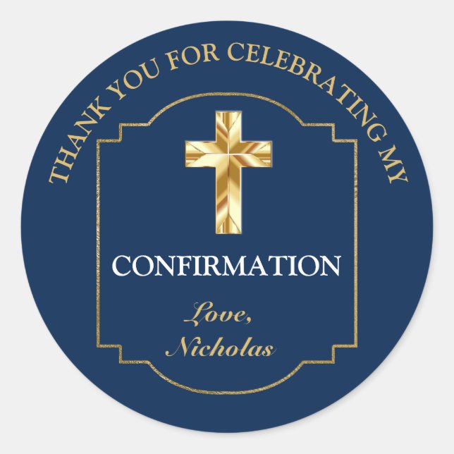 Sticker Rond Elégant Marine Blue Gold Boys Confirmation Merci (Devant)