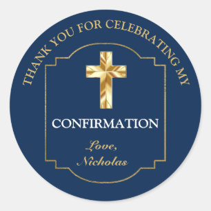 Sticker Rond Elégant Marine Blue Gold Boys Confirmation Merci