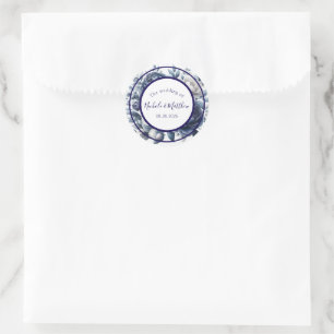 Sticker Rond Elégant Marine Blue Peonies & White Roses Mariage