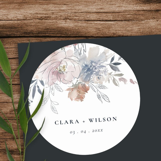 Sticker Rond Elégant marine Blush Aquarelle Floral Mariage (Créateur téléchargé)