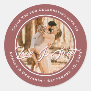 Sticker Rond Elégant Marsala Love Is Sweet Mariage Photo
