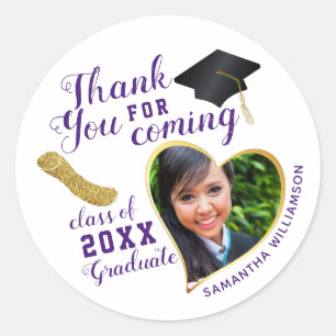 Sticker Rond Élégant Merci blanc violet 2025 Graduation