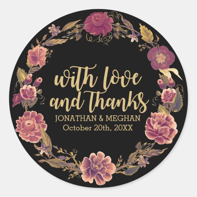 Sticker Rond Élégant Merci de couronne d'automne Mariage, noir (Devant)