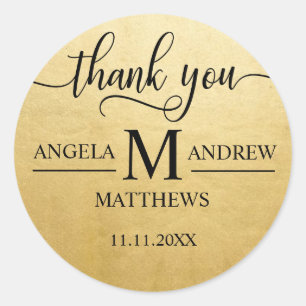 Sticker Rond Élégant Merci de script Gold Mariage noir