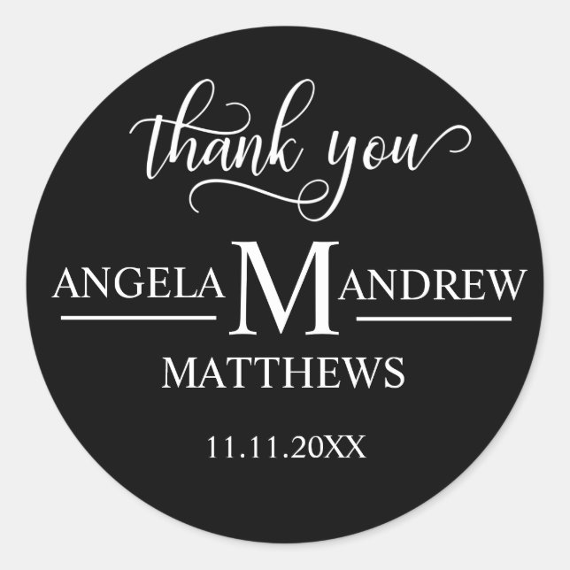 Sticker Rond Élégant Merci de script | Mariage noir et blanc (Devant)