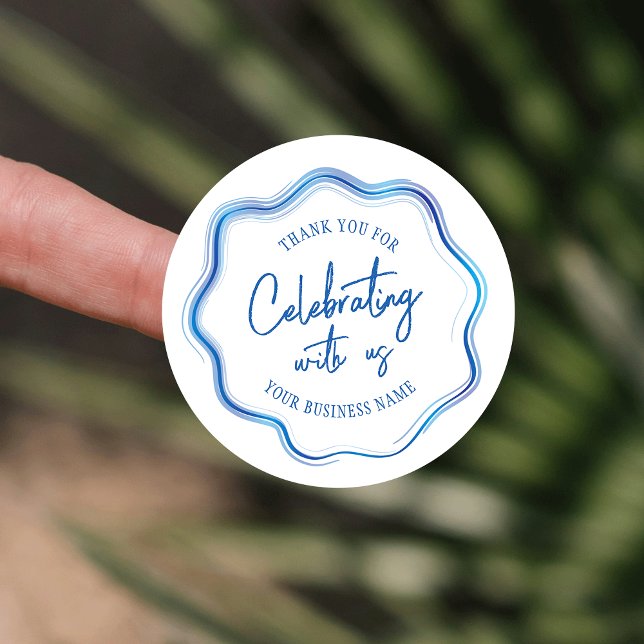 Sticker Rond Elégant Merci d'événements professionnels Blue Wat (Elegant business event thank you for celebrating with us favor sticker in blue watercolor and white)