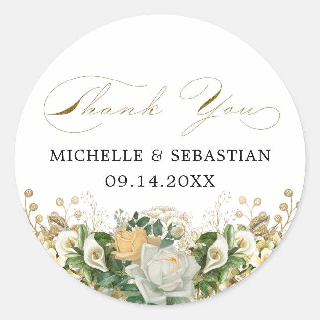 Sticker Rond Élégant Merci Floral Blanc Chic Or (Devant)