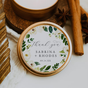 Sticker Rond Elégant Merci Floral Blanc Mariage Faveur