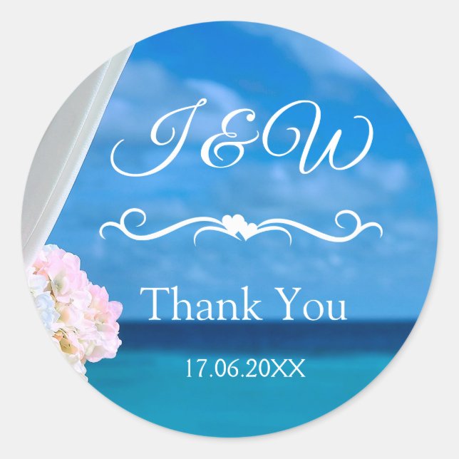 Sticker Rond Elégant Merci Floral Blue Ocean Beach (Devant)