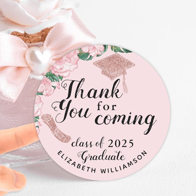 Sticker Rond Élégant Merci Floral Blush Pink Graduation (Créateur téléchargé)