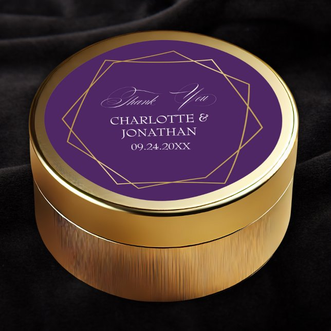 Sticker Rond Elégant Merci géométrique Or mariage Faveur (Elegant Gold Geometric Thank You Wedding Favor Classic Round Sticker in Purple Color)