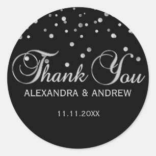 Sticker Rond Élégant Merci Mariage en argent noir