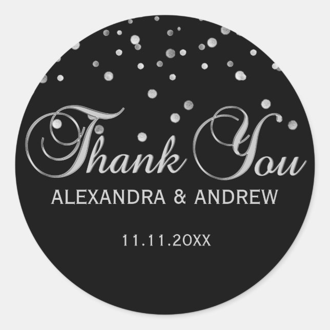 Sticker Rond Élégant Merci Mariage en argent noir (Devant)