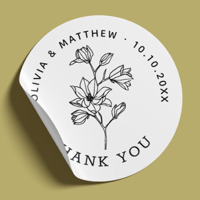 Sticker Rond Elégant Merci Mariage Floral. Nettoyage minimal (Créateur téléchargé)