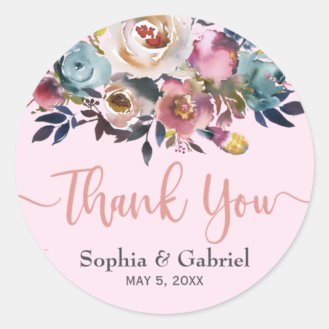 Sticker Rond Elégant Merci Mariage rose bleu rose (Devant)