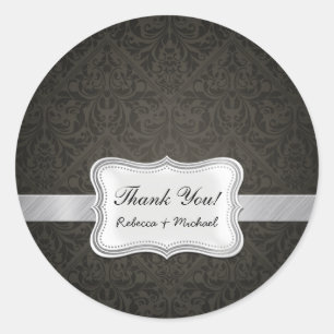 Sticker Rond Elégant Merci noir et gris Damas