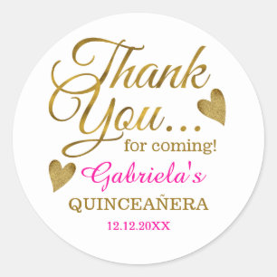 Sticker Rond Élégant Merci Quinceanera Rose Et Or