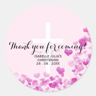 Sticker Rond Elégant MERCI rose Christening Croix blanche