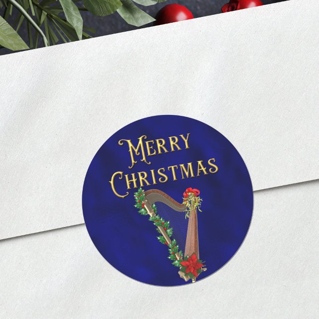 Sticker Rond Elegant Merry Christmas Music Harp Navy Blue (Créateur téléchargé)