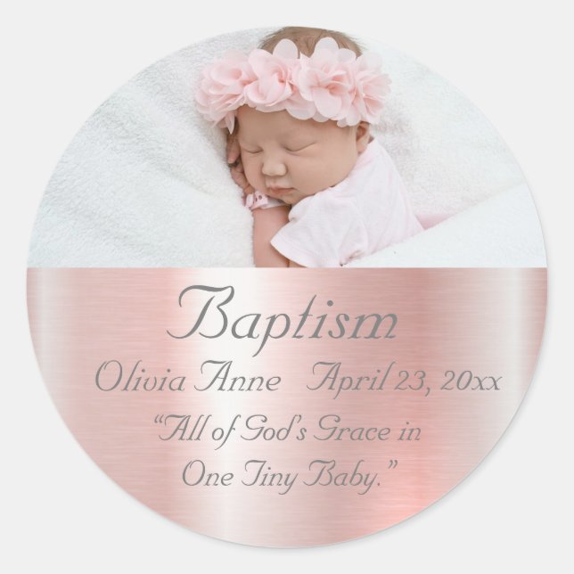 Sticker Rond Élégant métal rose photo bébé fille Baptême (Devant)