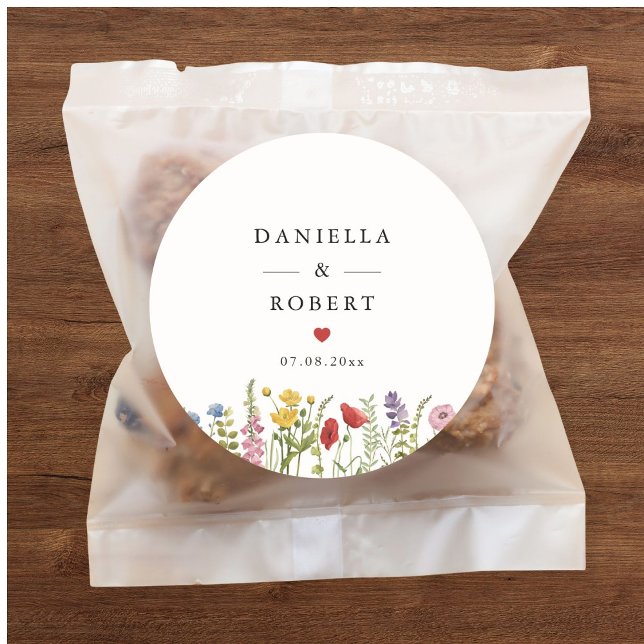 Sticker Rond Elegant Minimalist Whimsical Wildflower Wedding (personalized modern minimalist wildflower wedding sticker set)