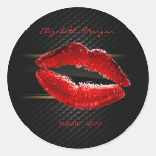 Sticker Rond Élégant Moderne Fille, Rouge Pailleté Lèvres,Noir