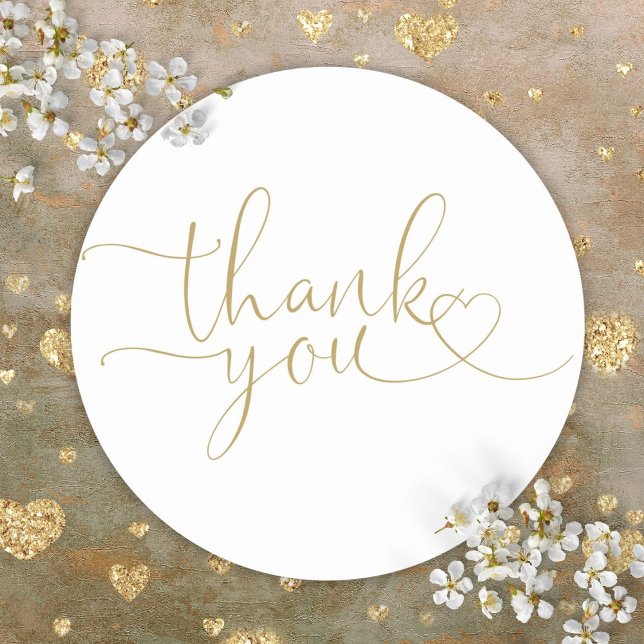 Sticker Rond Élégant moderne Gold Heart Merci de script de coeu (Elegant Modern Gold Heart Script Thank You Classic Round Sticker)