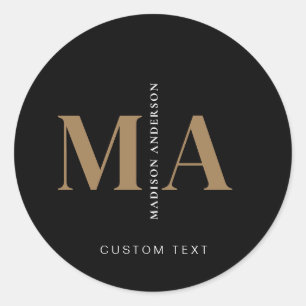 Sticker Rond Élégant Monogram Black Gold Nom