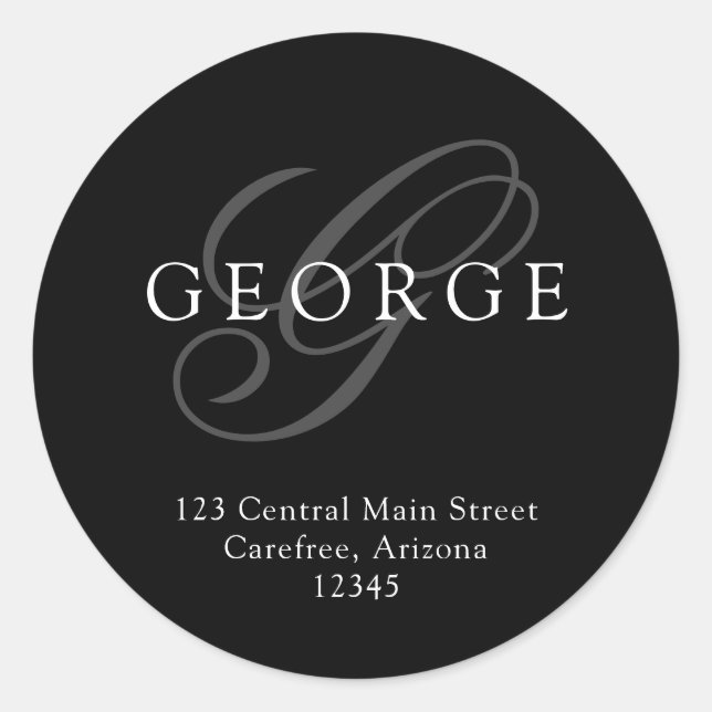 Sticker Rond Élégant Monogram Black Grey Adresse (Devant)