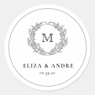 Sticker Rond Élégant Monogram Crest Black and White Mariage Cl