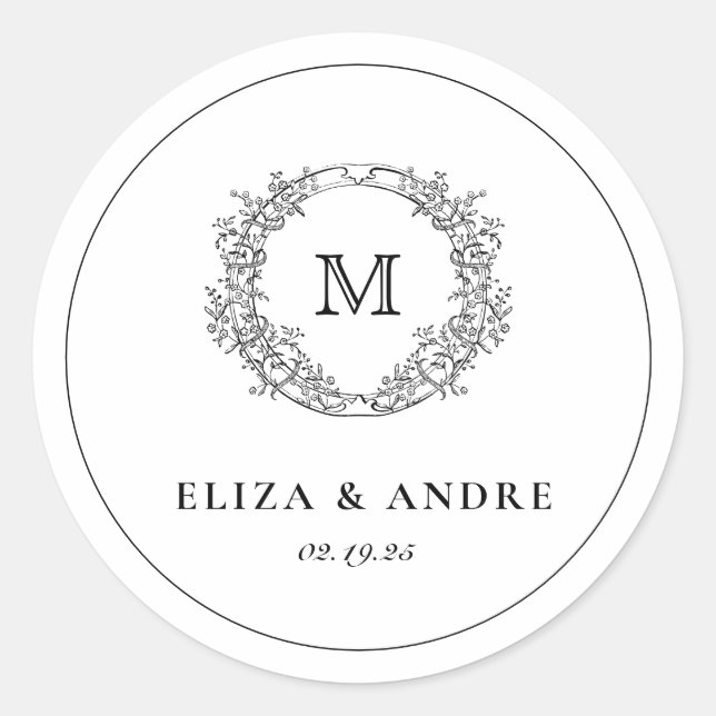 Sticker Rond Élégant Monogram Crest Black and White Mariage Cl (Devant)