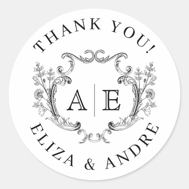 Sticker Rond Élégant Monogram Crest Mariage noir et blanc (Devant)