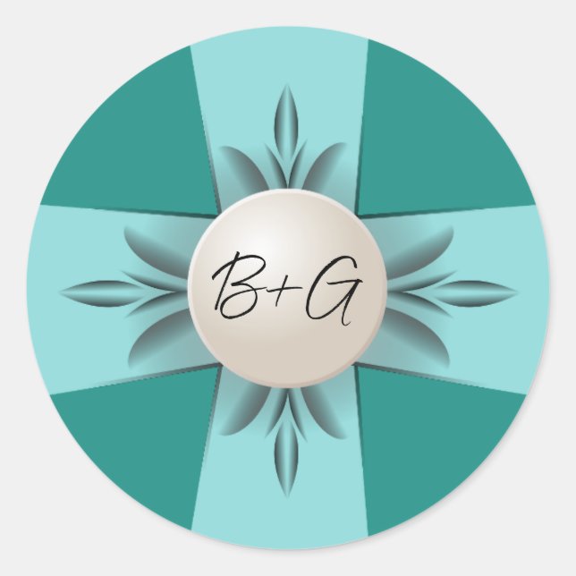 Sticker Rond Élégant Monogram Turquoise Pearl Mariage de ruban (Devant)