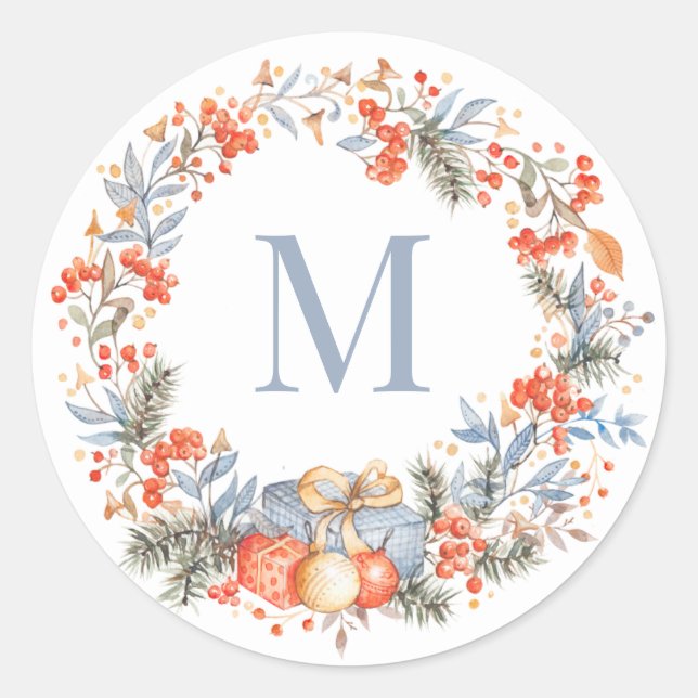 Sticker Rond Elegant Monogram Wreath Dusty Blue Modern (Devant)
