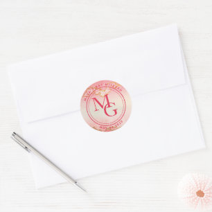 Sticker Rond Elégant Monogramme Aquarelle rose rouge Ombre