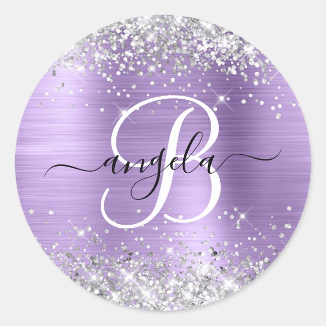 Sticker Rond Élégant Monogramme argenté brillant clair violet à (Devant)