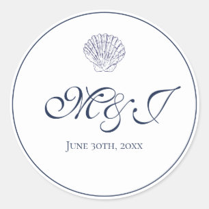 Sticker Rond Élégant Monogramme blanc et bleu coquille