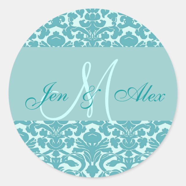 Sticker Rond Elégant Monogramme Bleu Mariage damassé Seal (Devant)