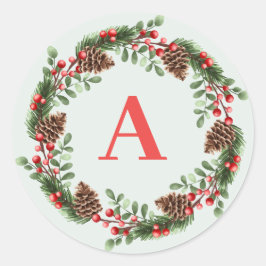 Sticker Rond Élégant Monogramme Cones de Noël Wreath