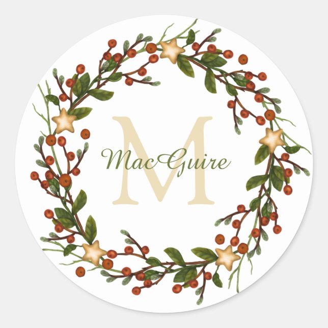 Sticker Rond Élégant monogramme de couronne de Noël Classic ini (Devant)