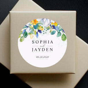 Sticker Rond Élégant monogramme de mariage floral jaune blanc