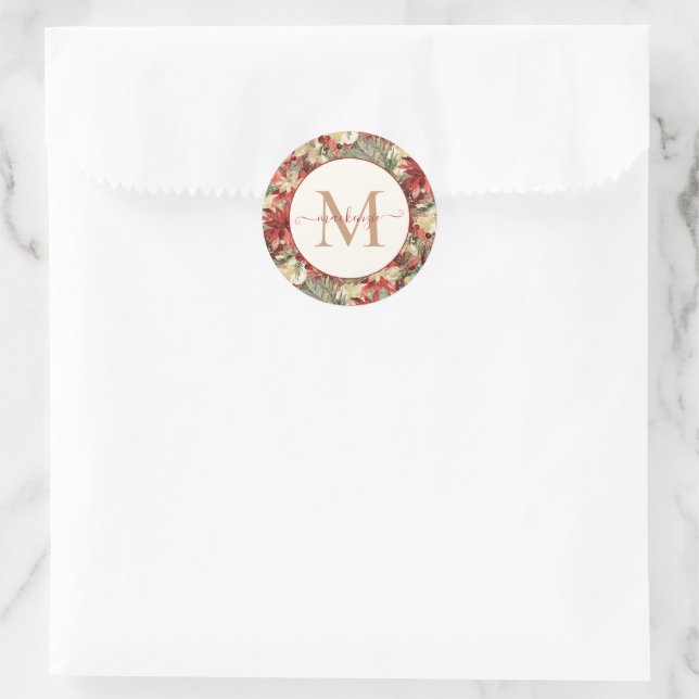 Sticker Rond Élégant Monogramme de Noël Poinsettia (Sac)