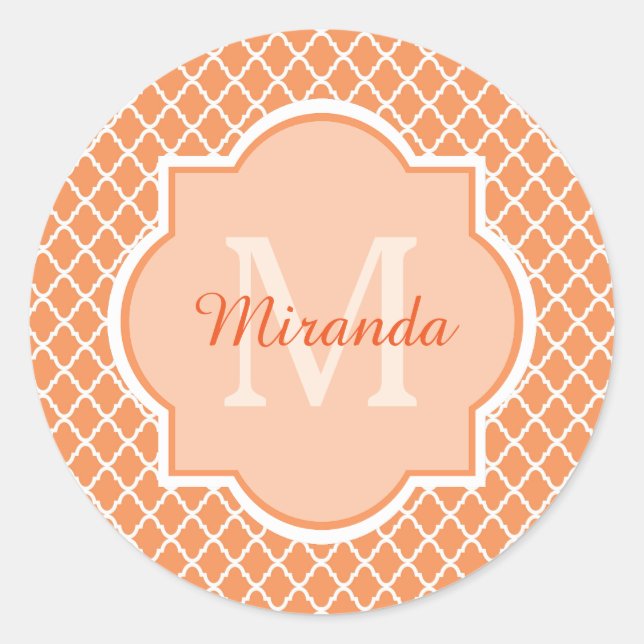 Sticker Rond Élégant Monogramme De Quatrefoil Orange Avec Nom (Devant)
