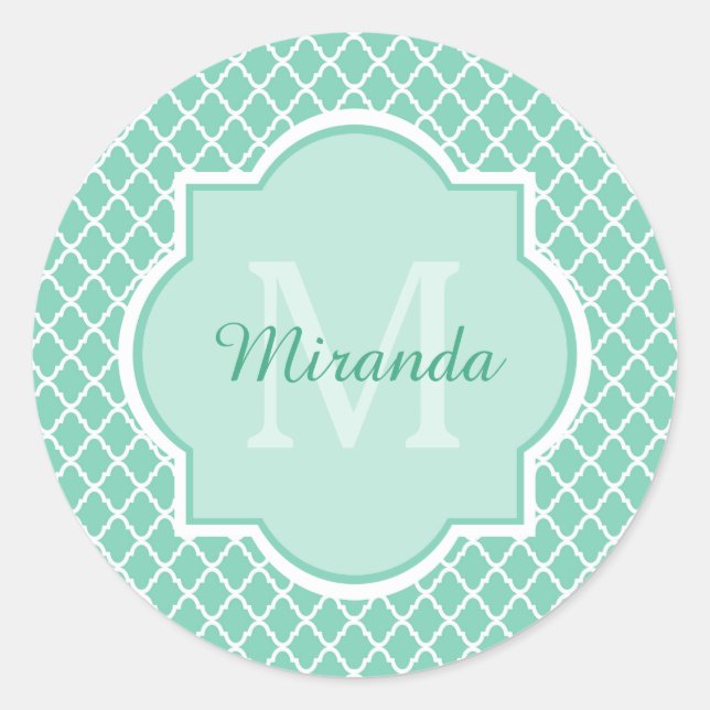 Sticker Rond Élégant Monogramme De Quatrefoil Vert Mint Avec No (Devant)
