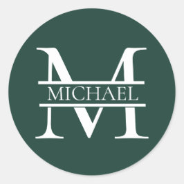 Sticker Rond Élégant Monogramme et nom Emerald Green Personnali